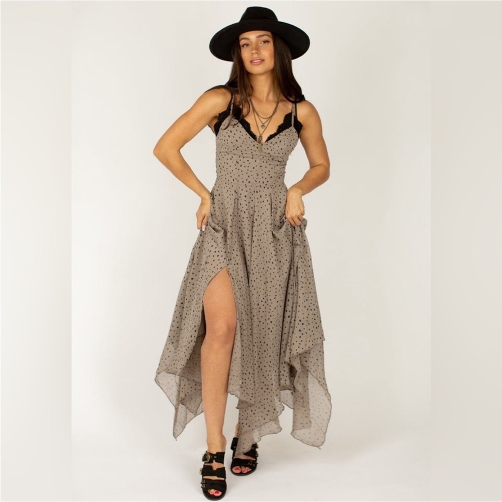Chic Black and Graytanish Polka Dot High Low Dress